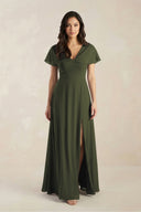 A-Line Short Sleeve Chiffon V-Neck Bridesmaid Dress in Olive | KISSBRIDAL