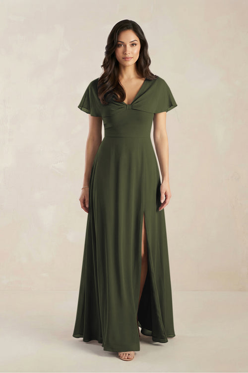 A-Line Short Sleeve Chiffon V-Neck Bridesmaid Dress in Olive | KISSBRIDAL