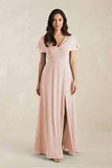 A - Line Short Sleeve Chiffon V - Neck Bridesmaid Dress in Pale Blush - KISS BRIDAL Bridesmaid Dresses