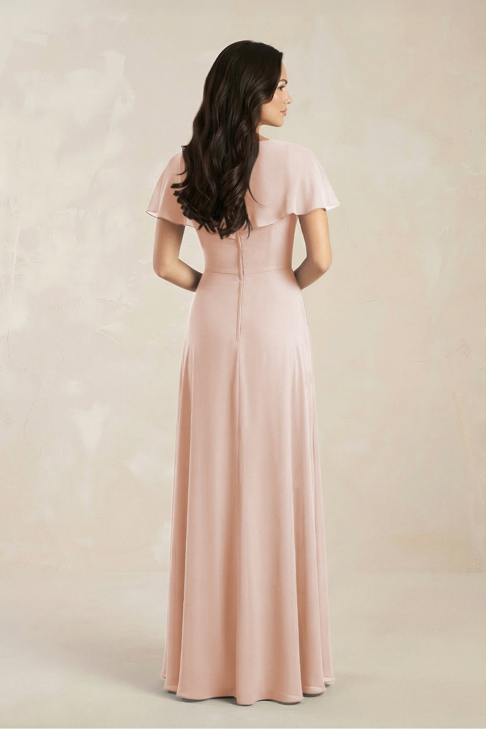 A - Line Short Sleeve Chiffon V - Neck Bridesmaid Dress in Pale Blush - KISS BRIDAL Bridesmaid Dresses