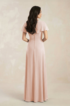 A - Line Short Sleeve Chiffon V - Neck Bridesmaid Dress in Pale Blush - SHE IS ME Bridesmaid Dresses