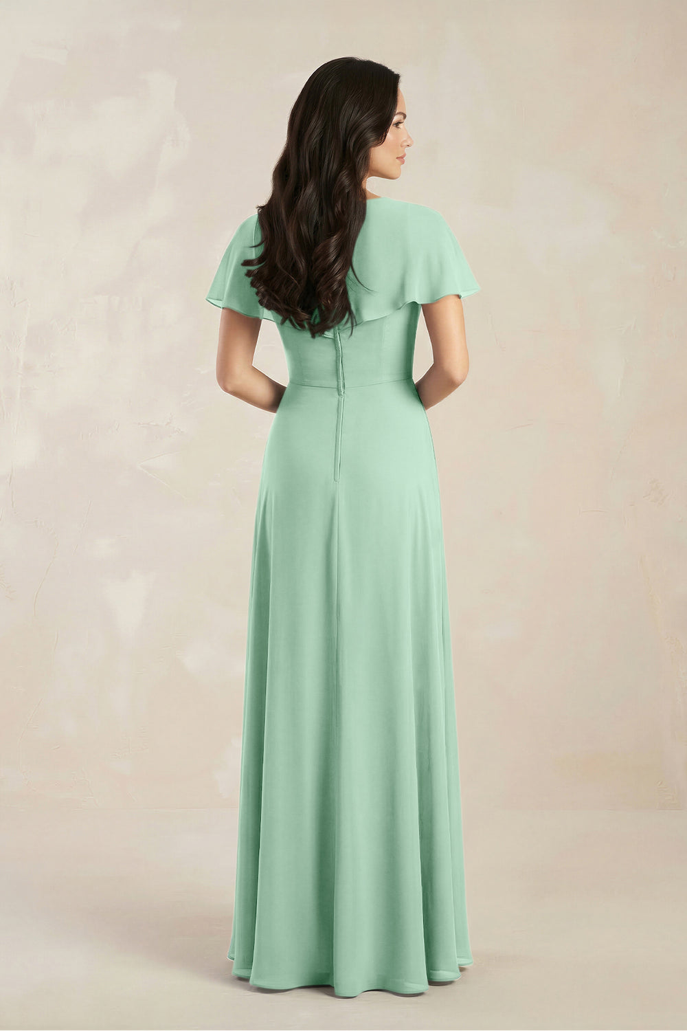 A-Line Short Sleeve Chiffon V-Neck Bridesmaid Dress in Pale Pistachio