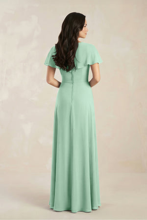A-Line Short Sleeve Chiffon V-Neck Bridesmaid Dress in Pale Pistachio (2) | KISSBRIDAL