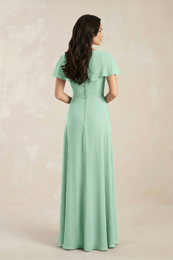 A-Line Short Sleeve Chiffon V-Neck Bridesmaid Dress in Pale Pistachio (2) | KISSBRIDAL