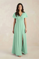 A - Line Short Sleeve Chiffon V - Neck Bridesmaid Dress in Pale Pistachio - SHE IS ME Bridesmaid Dresses