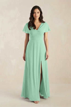 A - Line Short Sleeve Chiffon V - Neck Bridesmaid Dress in Pale Pistachio - SHE IS ME Bridesmaid Dresses