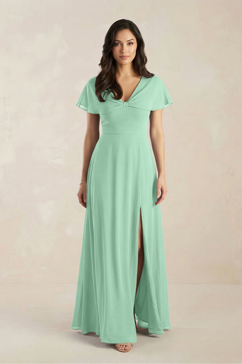 A - Line Short Sleeve Chiffon V - Neck Bridesmaid Dress in Pale Pistachio - SHE IS ME Bridesmaid Dresses