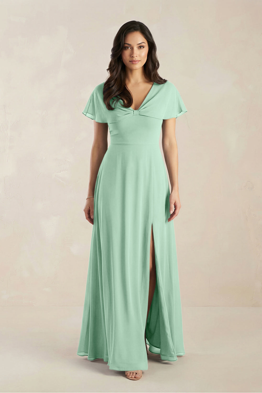 A-Line Short Sleeve Chiffon V-Neck Bridesmaid Dress in Pale Pistachio