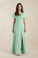 A-Line Short Sleeve Chiffon V-Neck Bridesmaid Dress in Pale Pistachio | KISSBRIDAL