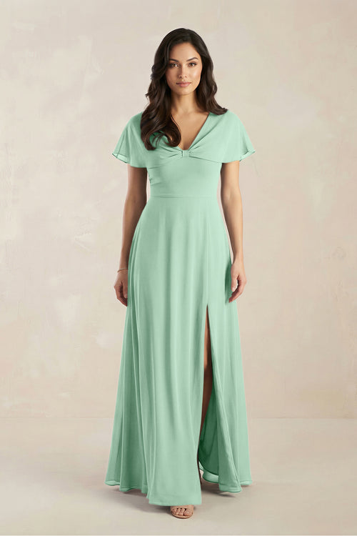 A-Line Short Sleeve Chiffon V-Neck Bridesmaid Dress in Pale Pistachio | KISSBRIDAL