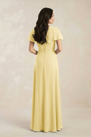 A - Line Short Sleeve Chiffon V - Neck Bridesmaid Dress in Pastel Yellow - SHE IS ME Bridesmaid Dresses
