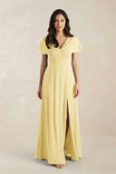 A - Line Short Sleeve Chiffon V - Neck Bridesmaid Dress in Pastel Yellow - SHE IS ME Bridesmaid Dresses