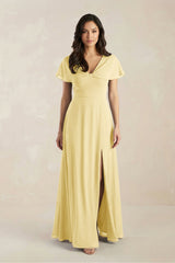 A - Line Short Sleeve Chiffon V - Neck Bridesmaid Dress in Pastel Yellow - KISS BRIDAL Bridesmaid Dresses