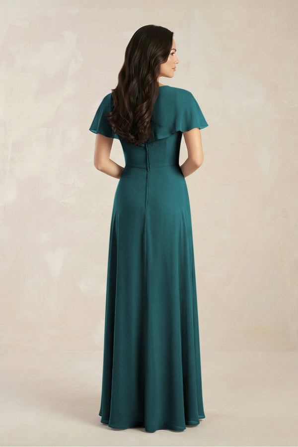 A - Line Short Sleeve Chiffon V - Neck Bridesmaid Dress in Pine - SHE IS ME Bridesmaid Dresses