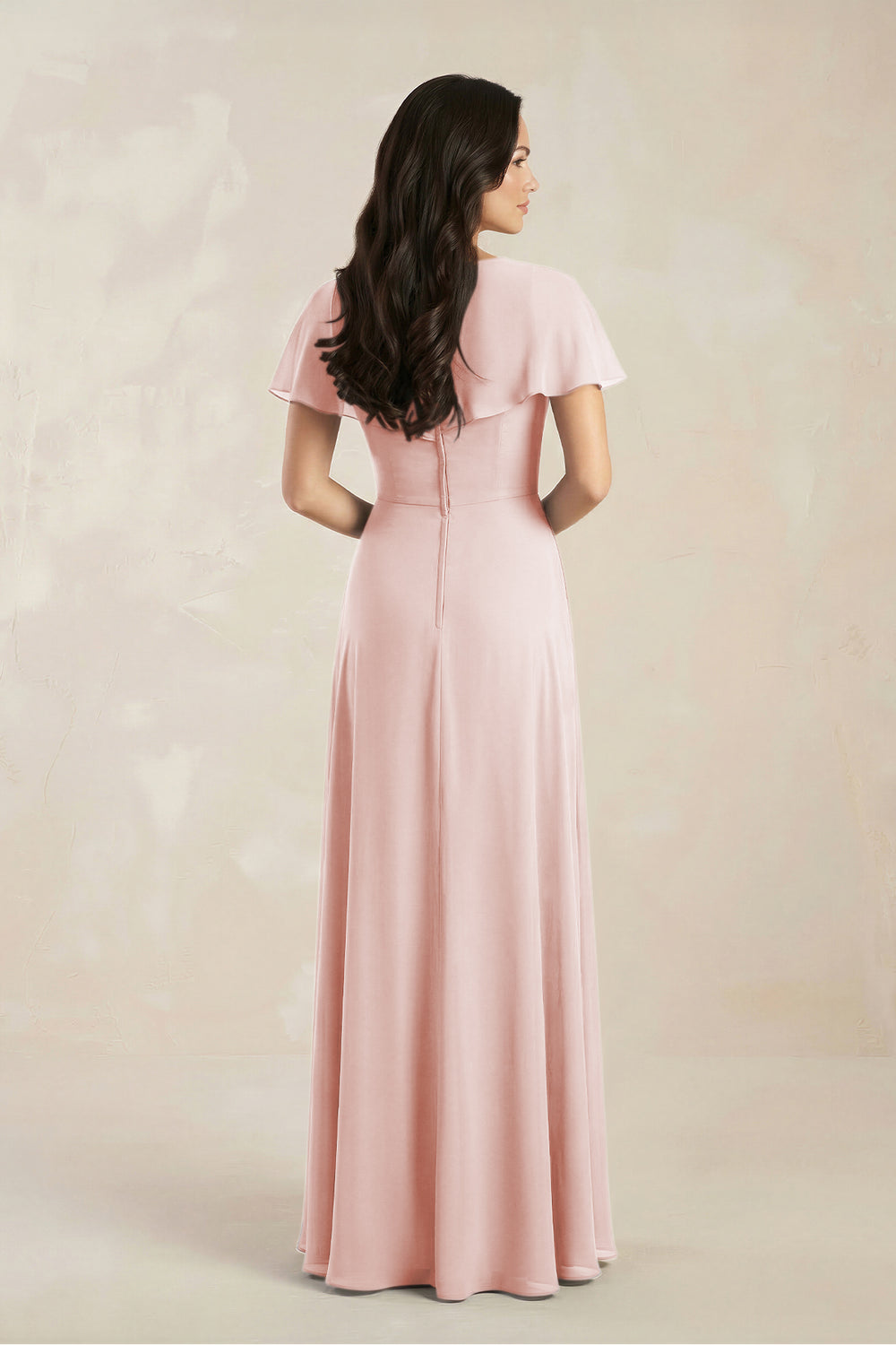 A-Line Short Sleeve Chiffon V-Neck Bridesmaid Dress in Rose Petal