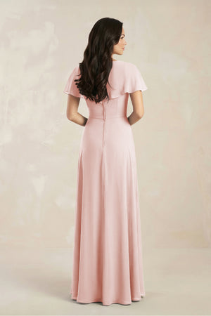 A-Line Short Sleeve Chiffon V-Neck Bridesmaid Dress in Rose Petal (2) | KISSBRIDAL