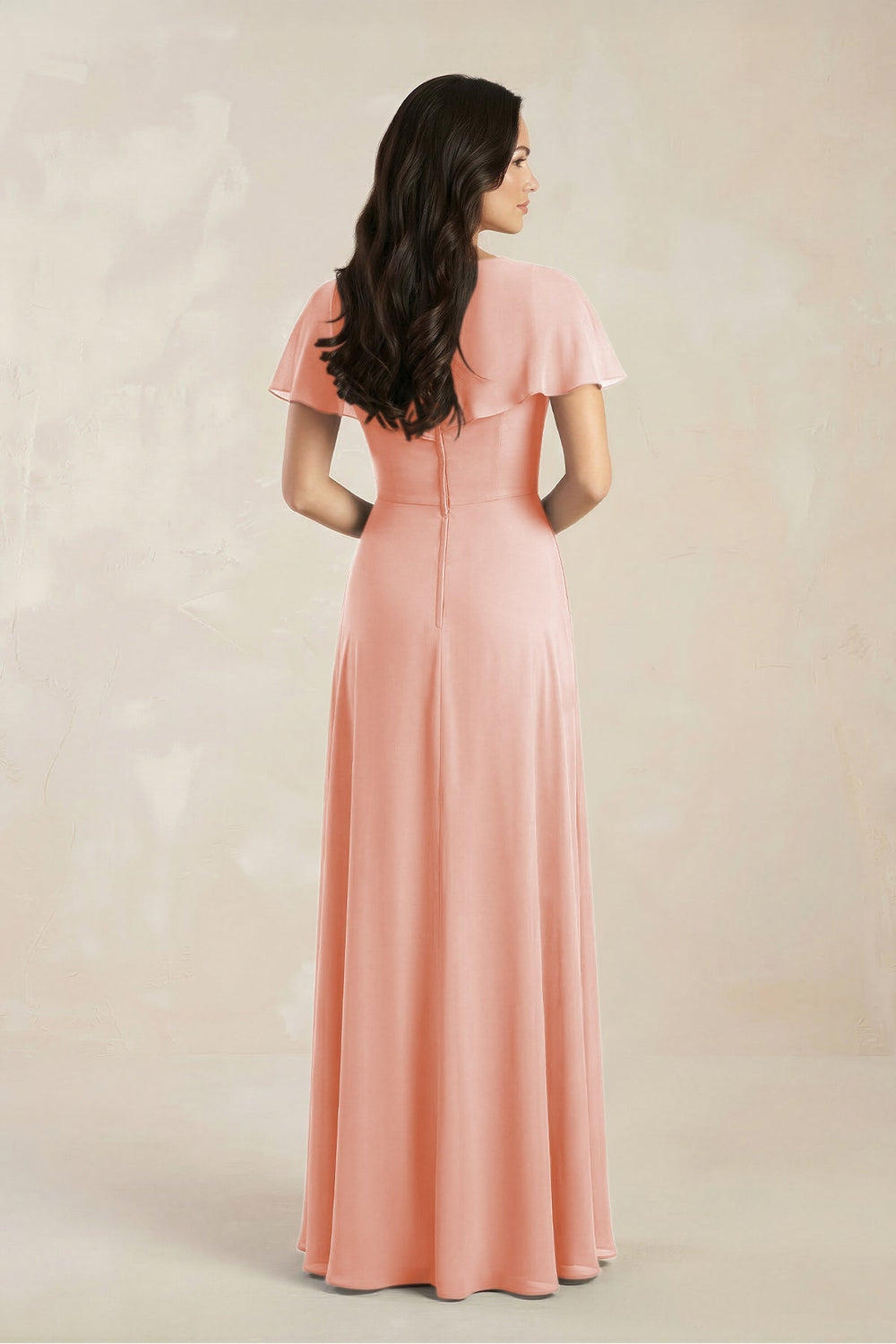 A - Line Short Sleeve Chiffon V - Neck Bridesmaid Dress in Rose Petal - KISS BRIDAL Bridesmaid Dresses
