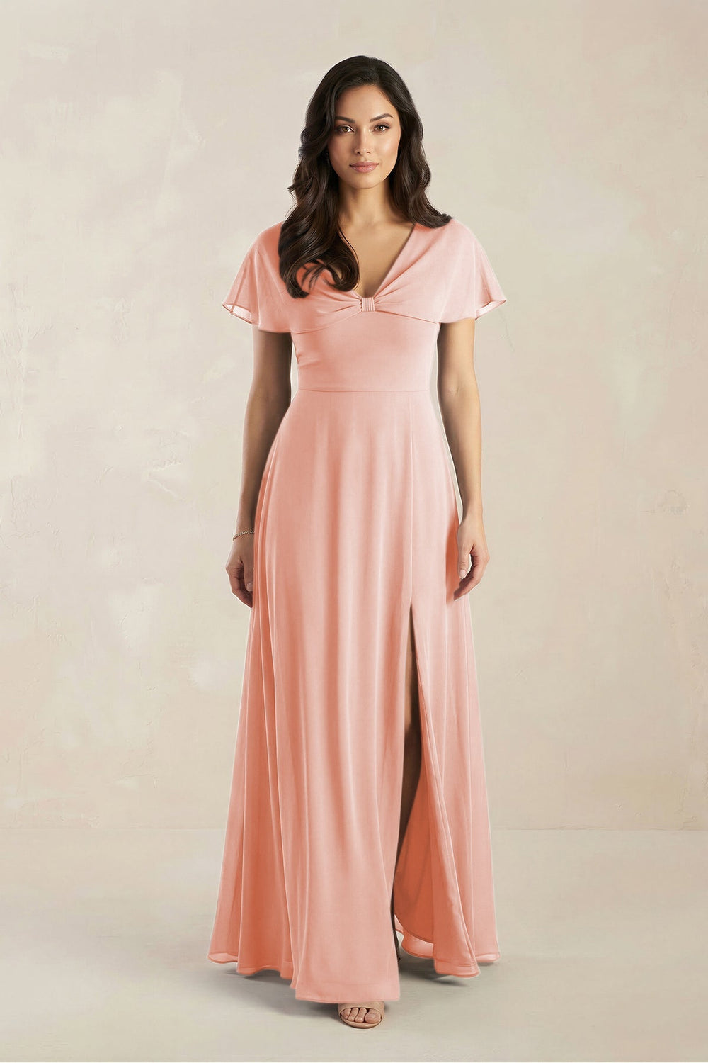 A - Line Short Sleeve Chiffon V - Neck Bridesmaid Dress in Rose Petal - KISS BRIDAL Bridesmaid Dresses