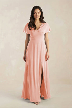 A - Line Short Sleeve Chiffon V - Neck Bridesmaid Dress in Rose Petal - SHE IS ME Bridesmaid Dresses