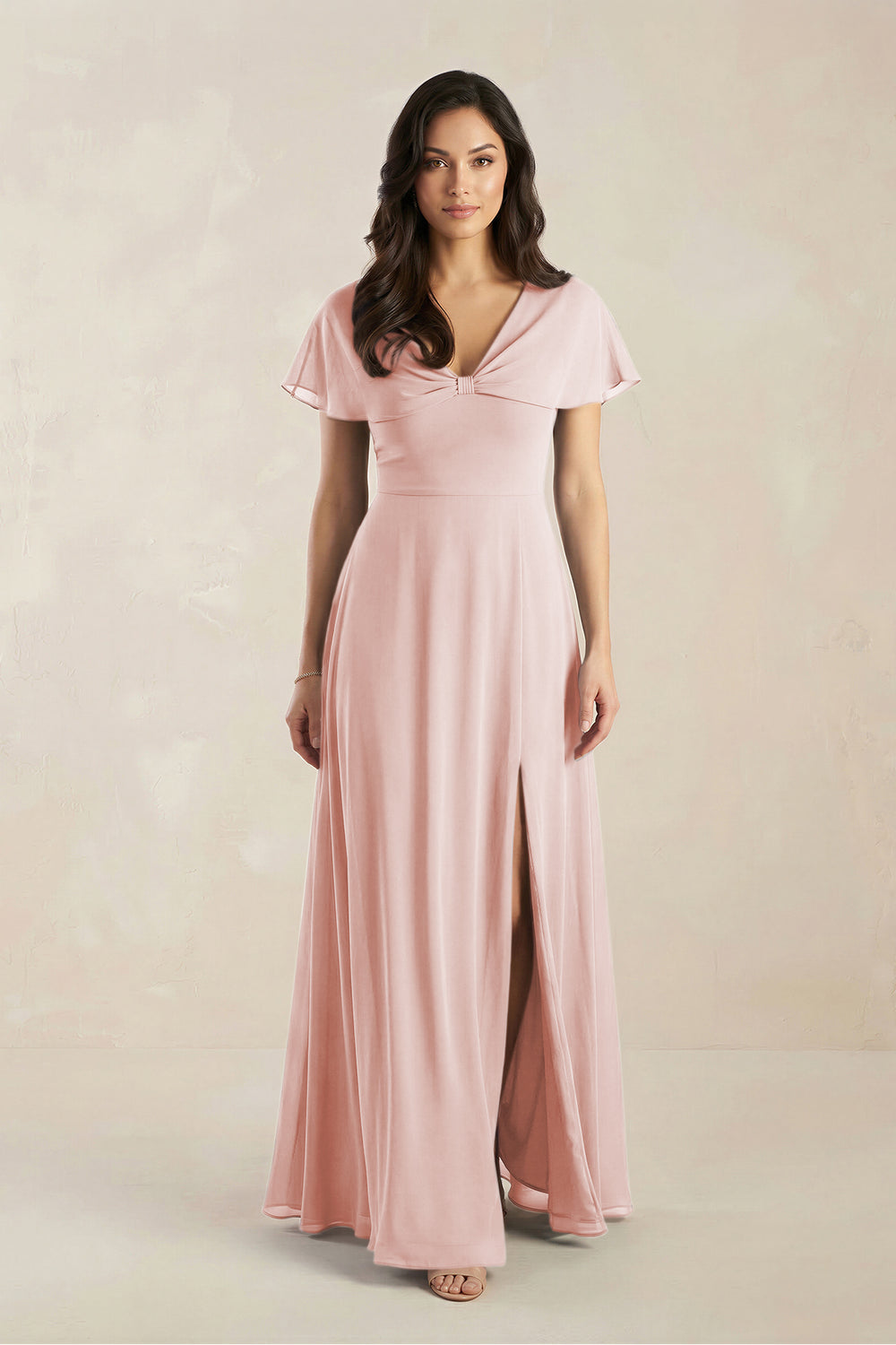 A-Line Short Sleeve Chiffon V-Neck Bridesmaid Dress in Rose Petal
