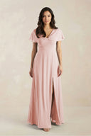A-Line Short Sleeve Chiffon V-Neck Bridesmaid Dress in Rose Petal | KISSBRIDAL