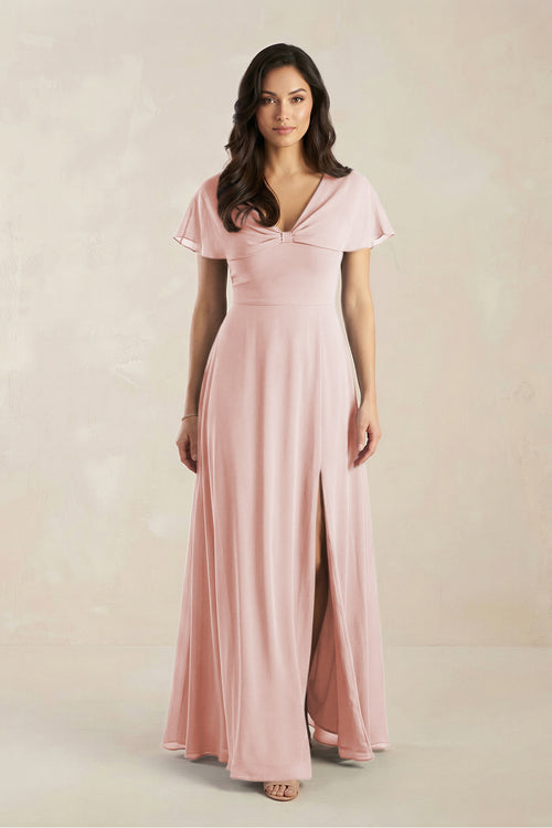 A-Line Short Sleeve Chiffon V-Neck Bridesmaid Dress in Rose Petal | KISSBRIDAL