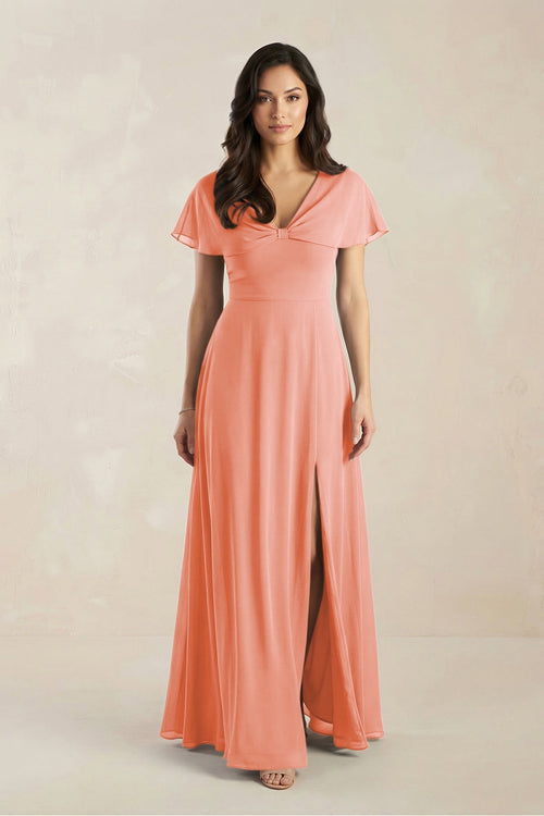 A - Line Short Sleeve Chiffon V - Neck Bridesmaid Dress in Rosette - SHE IS ME Bridesmaid Dresses
