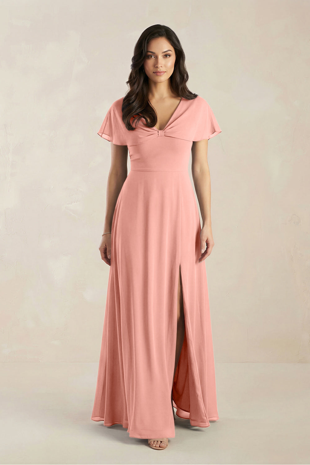 A-Line Short Sleeve Chiffon V-Neck Bridesmaid Dress in Rosette