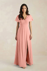 A-Line Short Sleeve Chiffon V-Neck Bridesmaid Dress in Rosette | KISSBRIDAL
