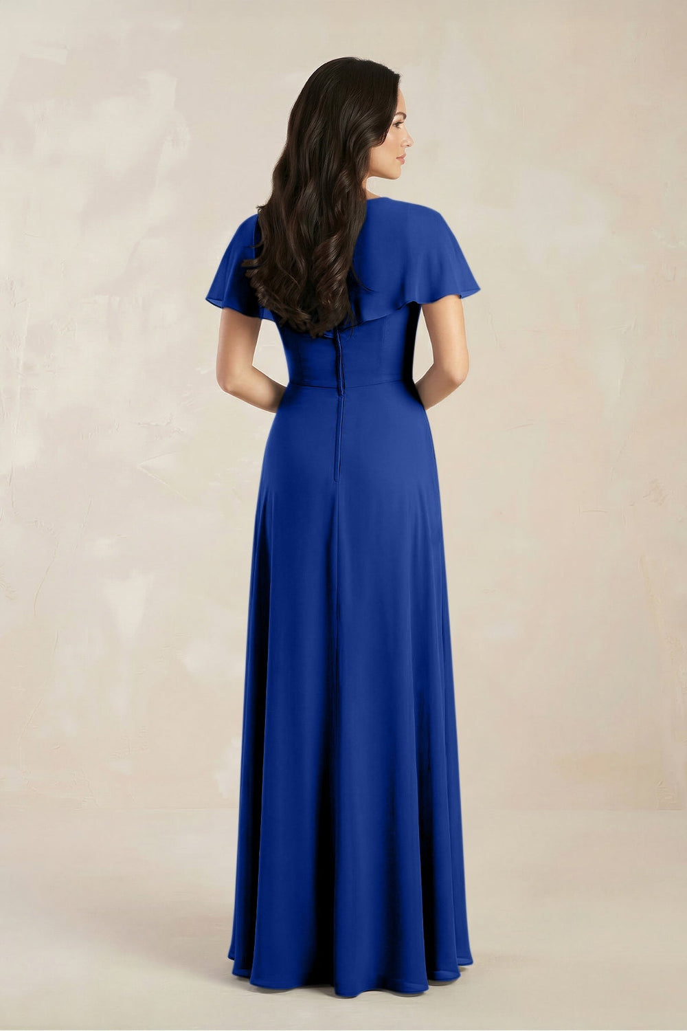 A - Line Short Sleeve Chiffon V - Neck Bridesmaid Dress in Royal Blue - KISS BRIDAL Bridesmaid Dresses