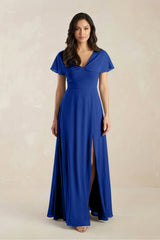 A - Line Short Sleeve Chiffon V - Neck Bridesmaid Dress in Royal Blue - KISS BRIDAL Bridesmaid Dresses