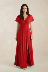 A - Line Short Sleeve Chiffon V - Neck Bridesmaid Dress in Ruby Red - KISS BRIDAL Bridesmaid Dresses