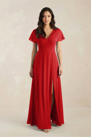 A - Line Short Sleeve Chiffon V - Neck Bridesmaid Dress in Ruby Red - SHE IS ME Bridesmaid Dresses