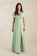 A - Line Short Sleeve Chiffon V - Neck Bridesmaid Dress in Sage - SHE IS ME Bridesmaid Dresses