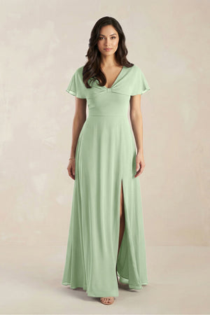 A - Line Short Sleeve Chiffon V - Neck Bridesmaid Dress in Sage - SHE IS ME Bridesmaid Dresses