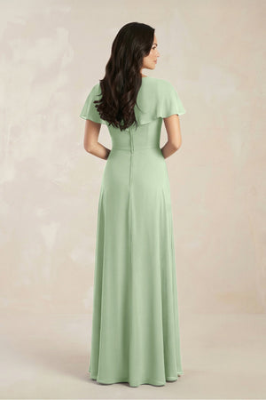A - Line Short Sleeve Chiffon V - Neck Bridesmaid Dress in Sage - SHE IS ME Bridesmaid Dresses
