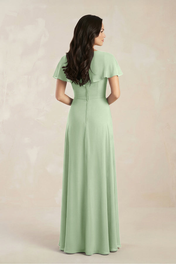 A - Line Short Sleeve Chiffon V - Neck Bridesmaid Dress in Sage - SHE IS ME Bridesmaid Dresses