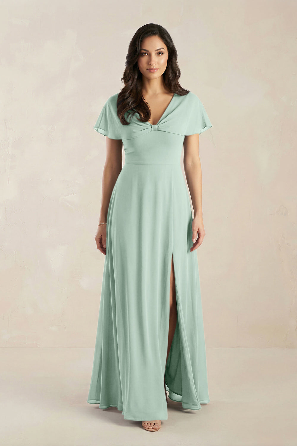 A-Line Short Sleeve Chiffon V-Neck Bridesmaid Dress in Sage