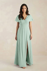 A-Line Short Sleeve Chiffon V-Neck Bridesmaid Dress in Sage | KISSBRIDAL