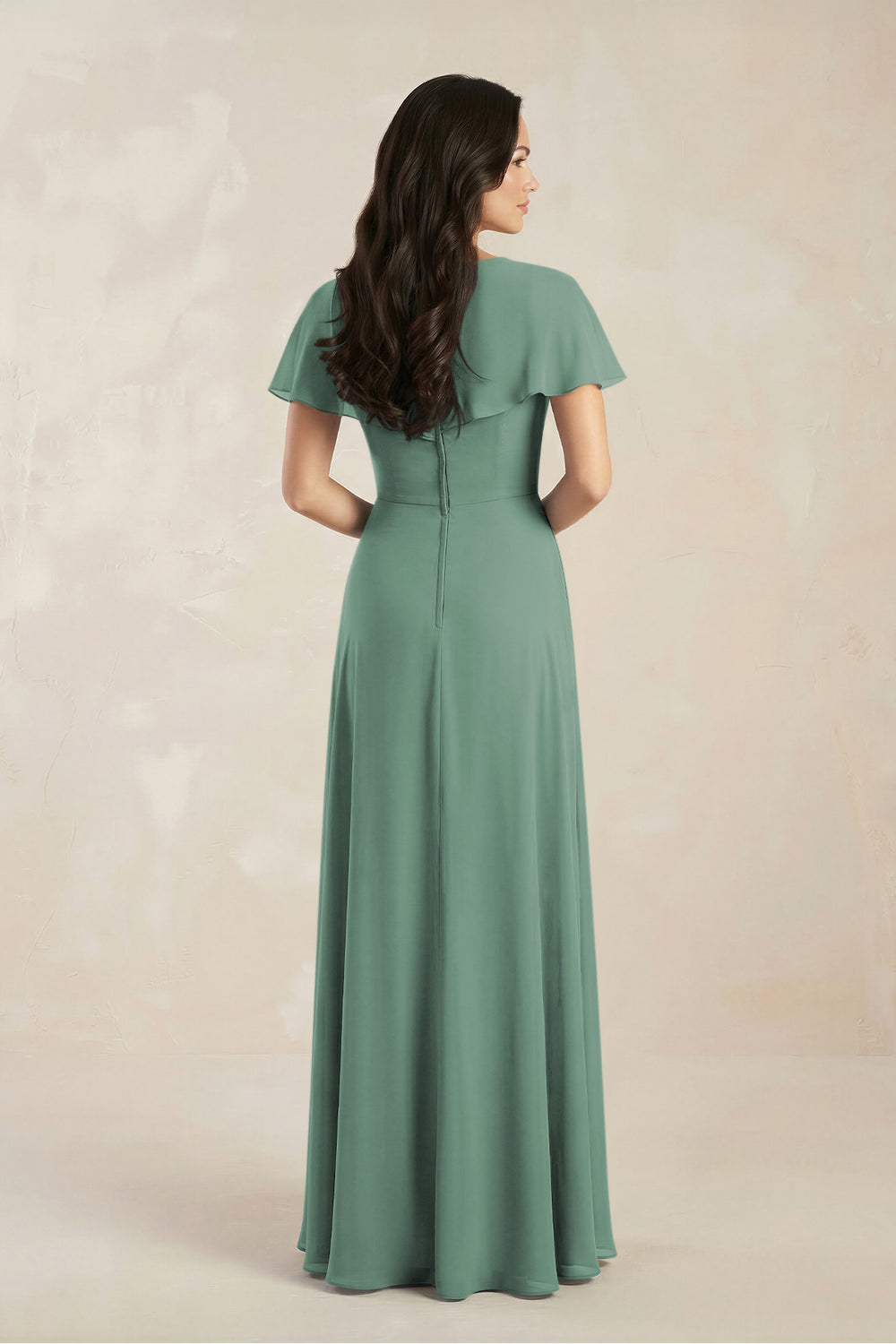 A-Line Short Sleeve Chiffon V-Neck Bridesmaid Dress in Sea Glass