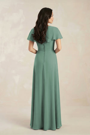 A-Line Short Sleeve Chiffon V-Neck Bridesmaid Dress in Sea Glass (2) | KISSBRIDAL