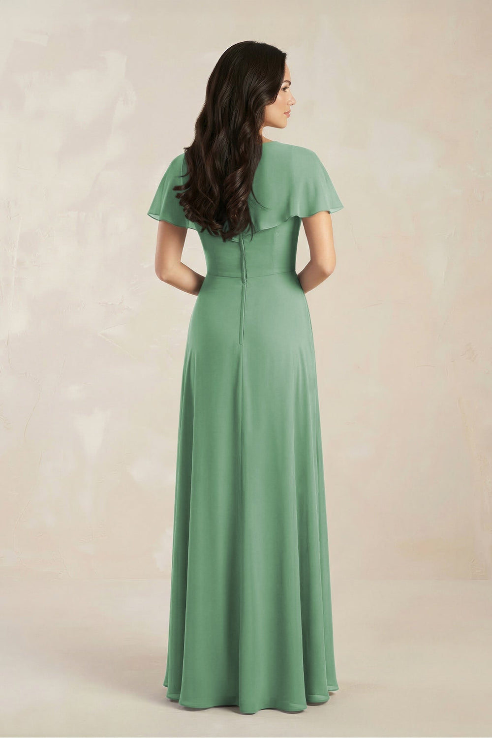 A - Line Short Sleeve Chiffon V - Neck Bridesmaid Dress in Sea Glass - KISS BRIDAL Bridesmaid Dresses