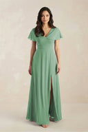 A - Line Short Sleeve Chiffon V - Neck Bridesmaid Dress in Sea Glass - SHE IS ME Bridesmaid Dresses