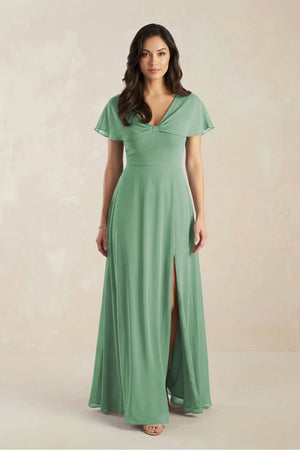 A - Line Short Sleeve Chiffon V - Neck Bridesmaid Dress in Sea Glass - SHE IS ME Bridesmaid Dresses