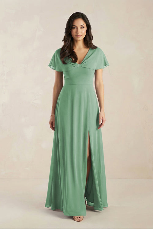 A - Line Short Sleeve Chiffon V - Neck Bridesmaid Dress in Sea Glass - SHE IS ME Bridesmaid Dresses