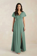 A-Line Short Sleeve Chiffon V-Neck Bridesmaid Dress in Sea Glass | KISSBRIDAL