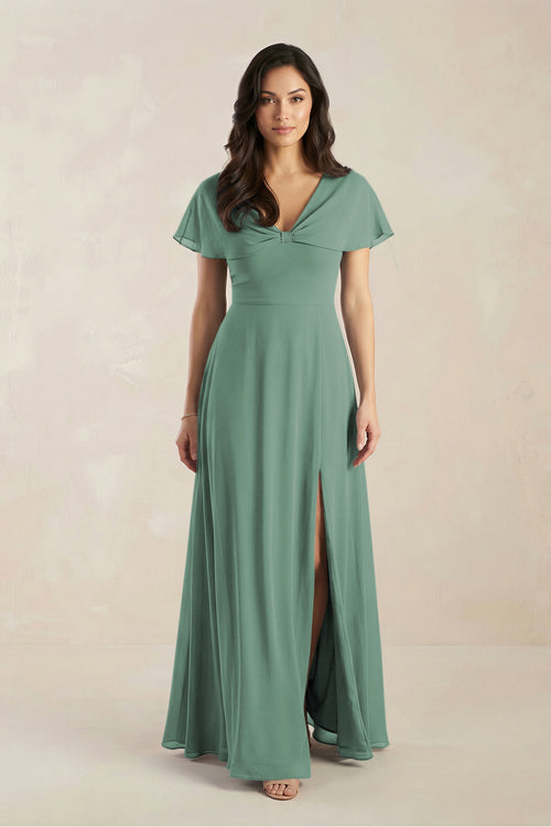A-Line Short Sleeve Chiffon V-Neck Bridesmaid Dress in Sea Glass | KISSBRIDAL