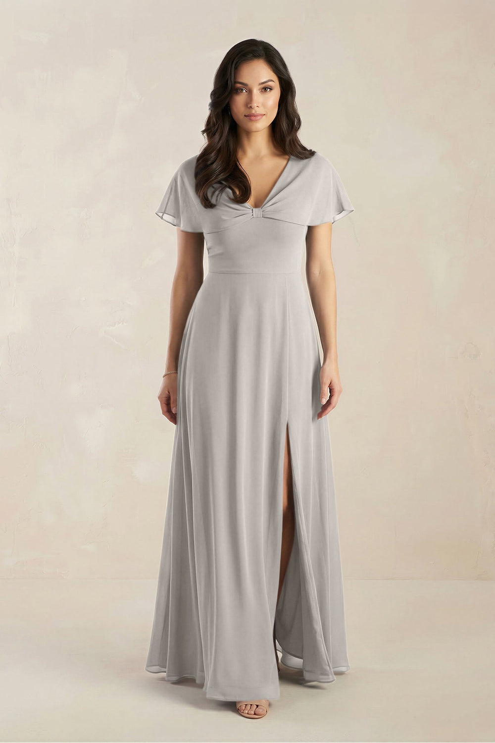A - Line Short Sleeve Chiffon V - Neck Bridesmaid Dress in Silver - KISS BRIDAL Bridesmaid Dresses