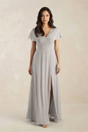 A - Line Short Sleeve Chiffon V - Neck Bridesmaid Dress in Silver - SHE IS ME Bridesmaid Dresses