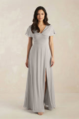 A - Line Short Sleeve Chiffon V - Neck Bridesmaid Dress in Silver - KISS BRIDAL Bridesmaid Dresses